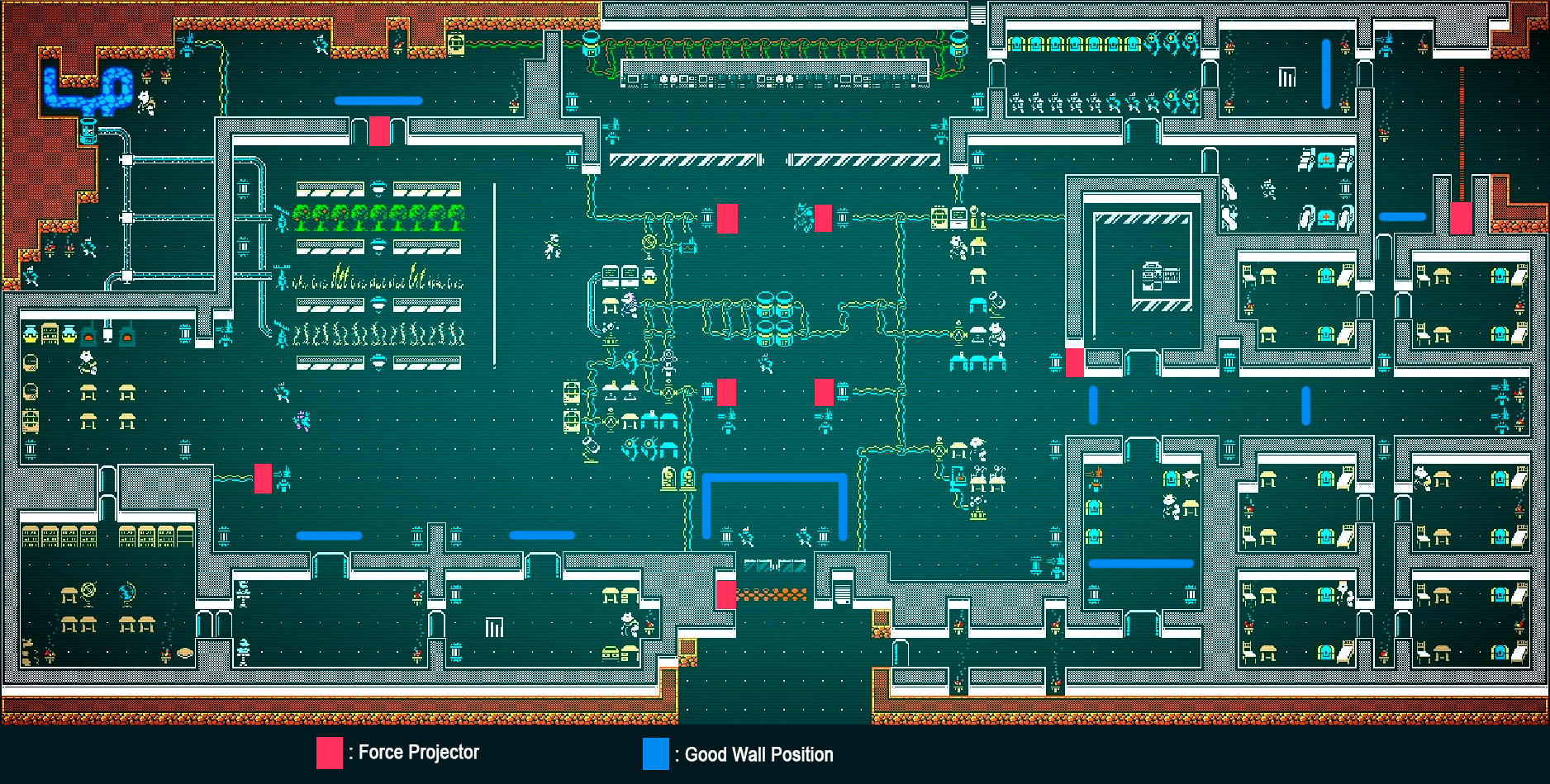 A map of Grit Gate with markings of where to place walls and force projector locations