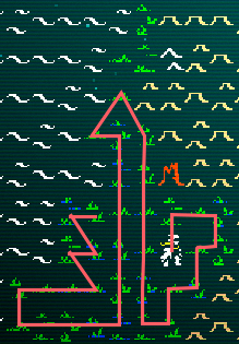 World map shot of the Salt Marshes with the Player Nomad standing on Joppa. There is a red line denoting a path